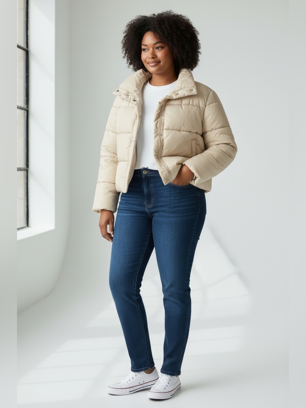 Express Women's Ivory Faux Leather Snap Close Puffer Jacket Size Large
